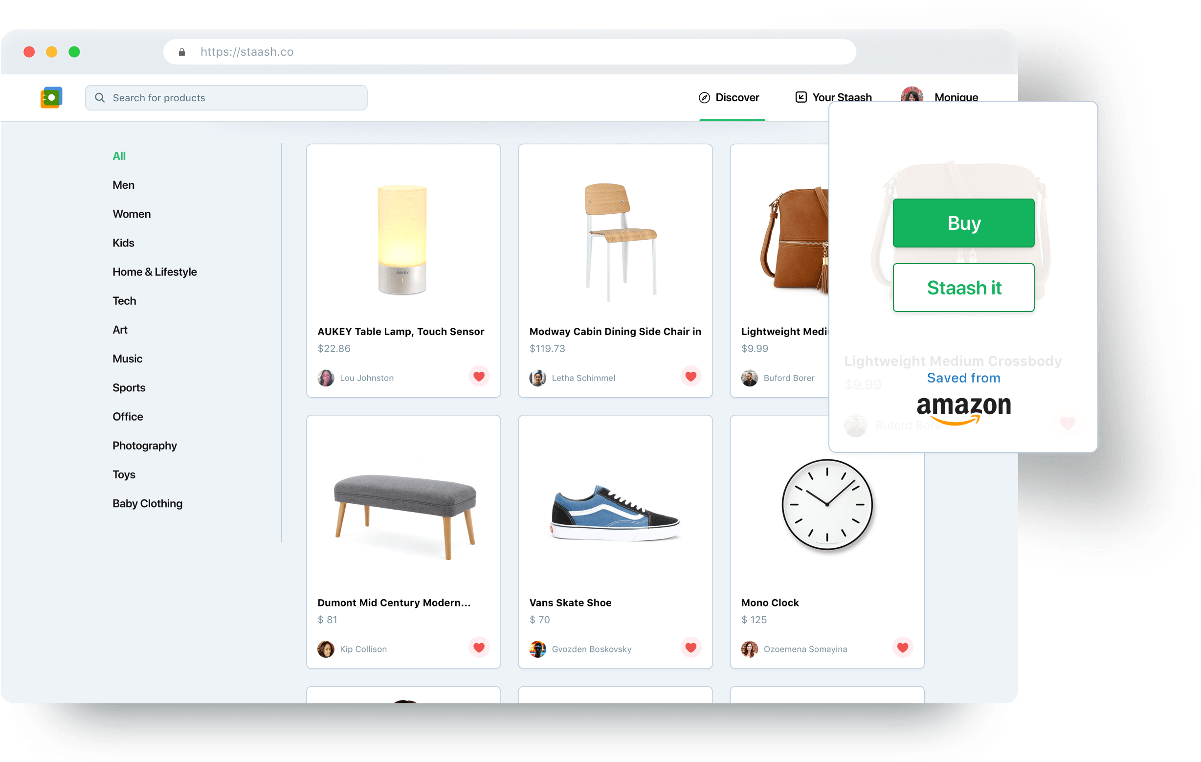 The Staash web app: a Discover page of saved products from different stores, with a Buy and Staash it menu over a bag saved from Amazon.